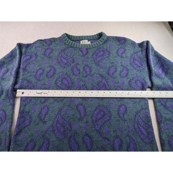 Vintage 90s Men's Large Sweater Paisley Print Retro Geek Chic Teal Purple - Picture 8 of 16